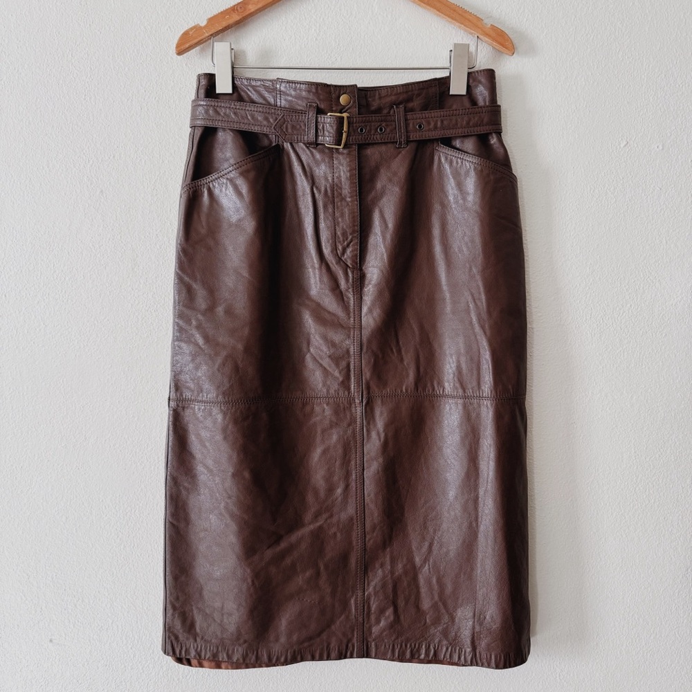 80s VINTAGE BELTED LEATHER MIDI SKIRT